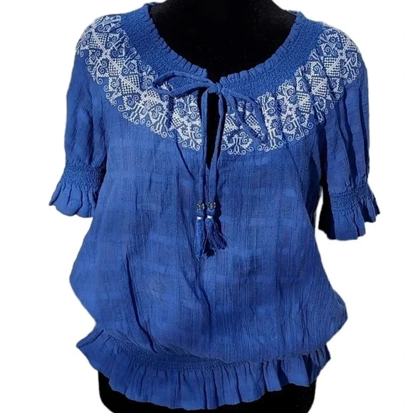 Tory Burch Blue Womens Blouse with Tassels Tie S/P 100%Cotton - Picture 5 of 12